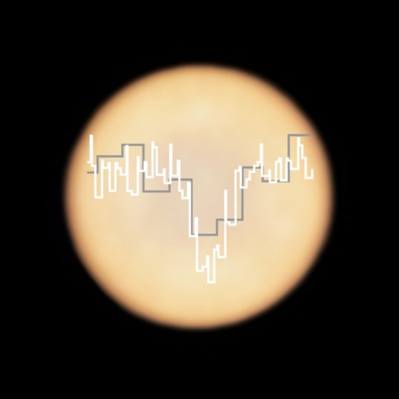 Imagen comparativa de la línea de absorción de la atmósfera de Venus, donde se ve la firma espectral del fosfano siendo identificadas por los telelescopios ALMA y JCMT